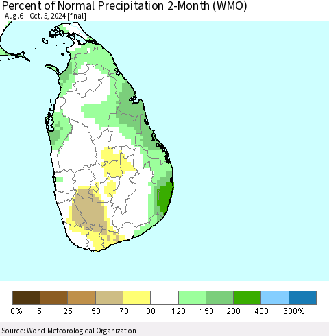 Sri Lanka Percent of Normal Precipitation 2-Month (WMO) Thematic Map For 8/6/2024 - 10/5/2024