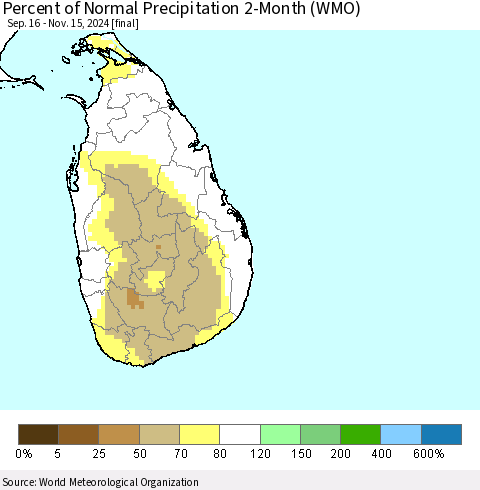 Sri Lanka Percent of Normal Precipitation 2-Month (WMO) Thematic Map For 9/16/2024 - 11/15/2024