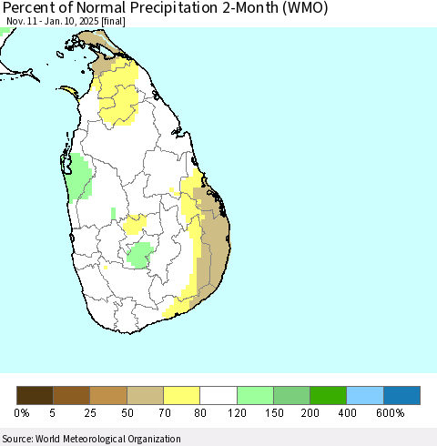 Sri Lanka Percent of Normal Precipitation 2-Month (WMO) Thematic Map For 11/11/2024 - 1/10/2025