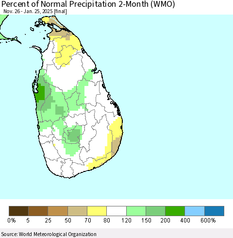 Sri Lanka Percent of Normal Precipitation 2-Month (WMO) Thematic Map For 11/26/2024 - 1/25/2025