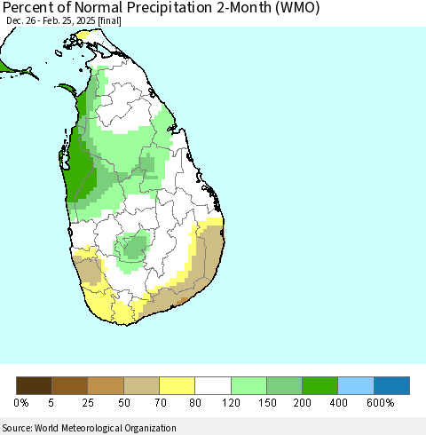 Sri Lanka Percent of Normal Precipitation 2-Month (WMO) Thematic Map For 12/26/2024 - 2/25/2025
