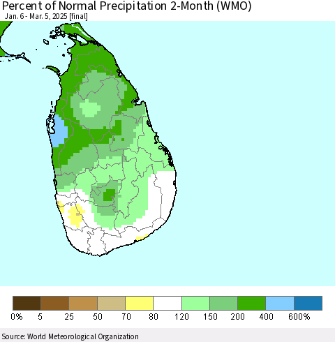 Sri Lanka Percent of Normal Precipitation 2-Month (WMO) Thematic Map For 1/6/2025 - 3/5/2025