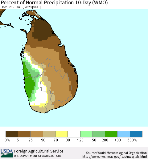 Sri Lanka Percent of Normal Precipitation 10-Day (WMO) Thematic Map For 12/26/2019 - 1/5/2020