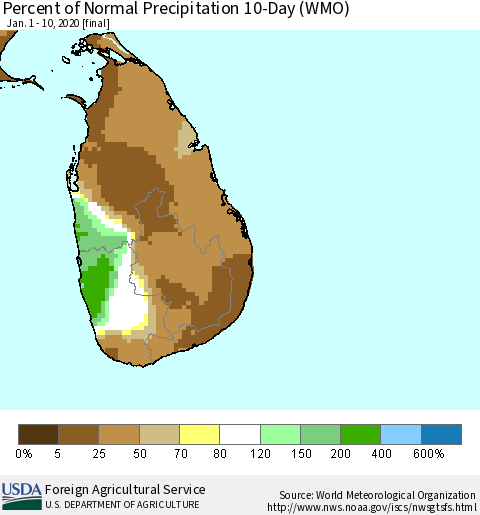 Sri Lanka Percent of Normal Precipitation 10-Day (WMO) Thematic Map For 1/1/2020 - 1/10/2020