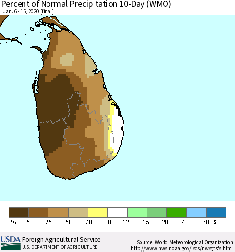 Sri Lanka Percent of Normal Precipitation 10-Day (WMO) Thematic Map For 1/6/2020 - 1/15/2020