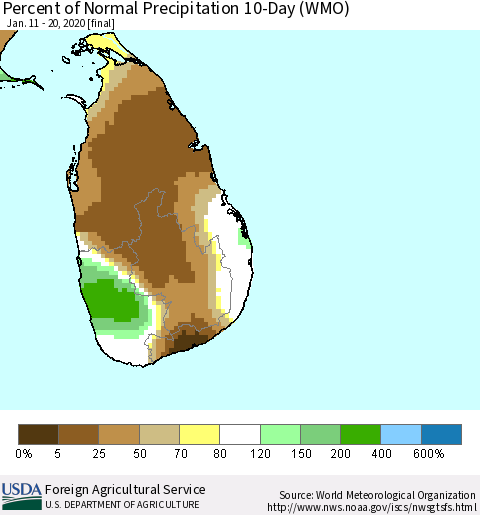 Sri Lanka Percent of Normal Precipitation 10-Day (WMO) Thematic Map For 1/11/2020 - 1/20/2020