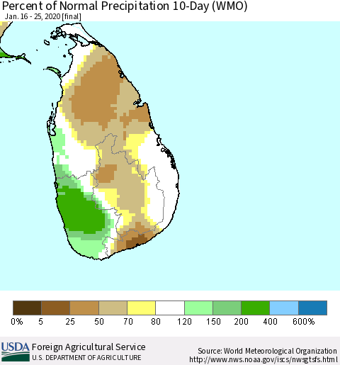Sri Lanka Percent of Normal Precipitation 10-Day (WMO) Thematic Map For 1/16/2020 - 1/25/2020