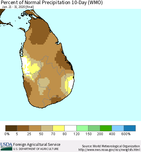 Sri Lanka Percent of Normal Precipitation 10-Day (WMO) Thematic Map For 1/21/2020 - 1/31/2020
