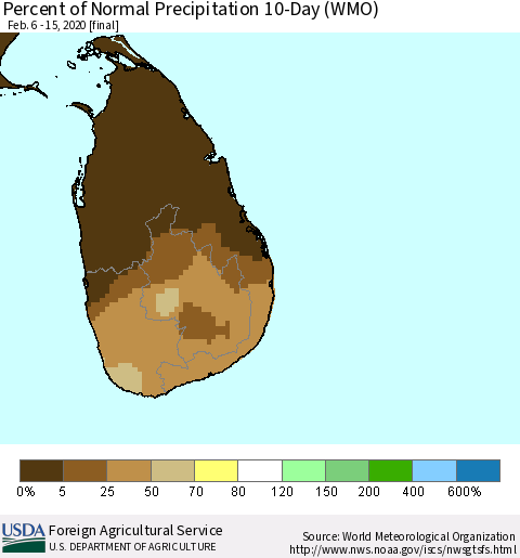 Sri Lanka Percent of Normal Precipitation 10-Day (WMO) Thematic Map For 2/6/2020 - 2/15/2020