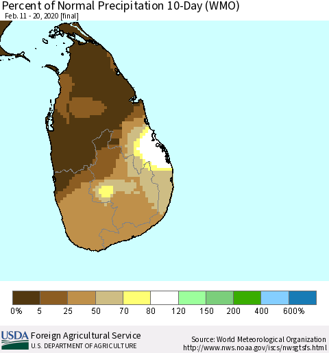 Sri Lanka Percent of Normal Precipitation 10-Day (WMO) Thematic Map For 2/11/2020 - 2/20/2020
