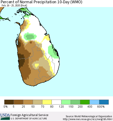 Sri Lanka Percent of Normal Precipitation 10-Day (WMO) Thematic Map For 2/16/2020 - 2/25/2020