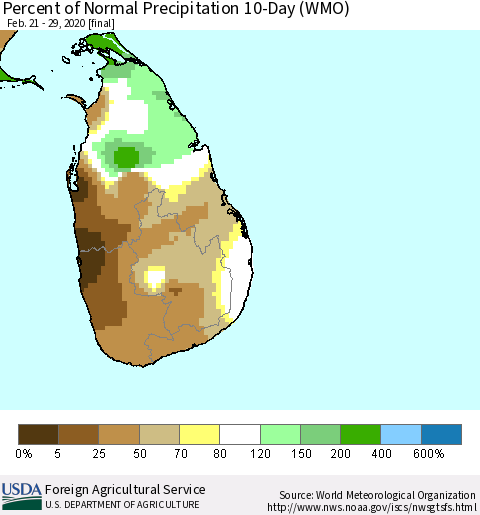 Sri Lanka Percent of Normal Precipitation 10-Day (WMO) Thematic Map For 2/21/2020 - 2/29/2020