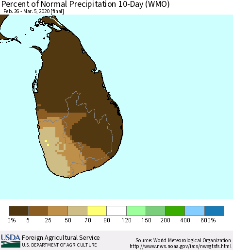 Sri Lanka Percent of Normal Precipitation 10-Day (WMO) Thematic Map For 2/26/2020 - 3/5/2020