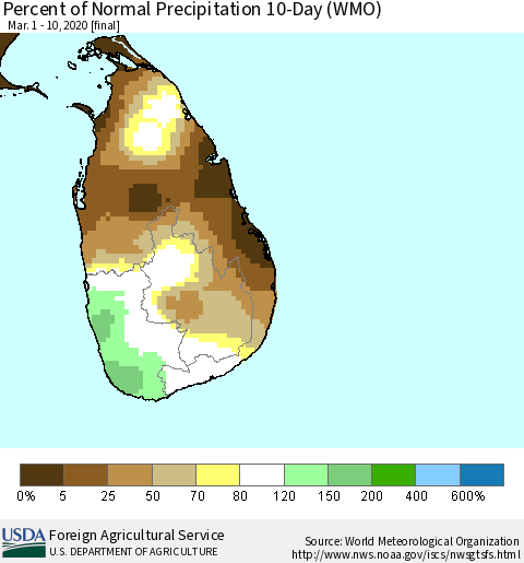 Sri Lanka Percent of Normal Precipitation 10-Day (WMO) Thematic Map For 3/1/2020 - 3/10/2020