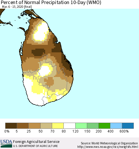 Sri Lanka Percent of Normal Precipitation 10-Day (WMO) Thematic Map For 3/6/2020 - 3/15/2020