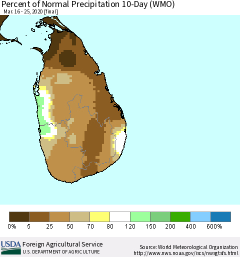 Sri Lanka Percent of Normal Precipitation 10-Day (WMO) Thematic Map For 3/16/2020 - 3/25/2020