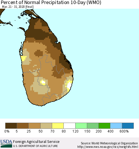 Sri Lanka Percent of Normal Precipitation 10-Day (WMO) Thematic Map For 3/21/2020 - 3/31/2020
