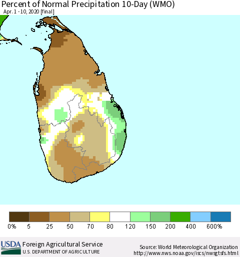 Sri Lanka Percent of Normal Precipitation 10-Day (WMO) Thematic Map For 4/1/2020 - 4/10/2020