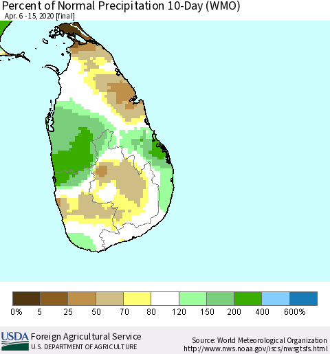 Sri Lanka Percent of Normal Precipitation 10-Day (WMO) Thematic Map For 4/6/2020 - 4/15/2020