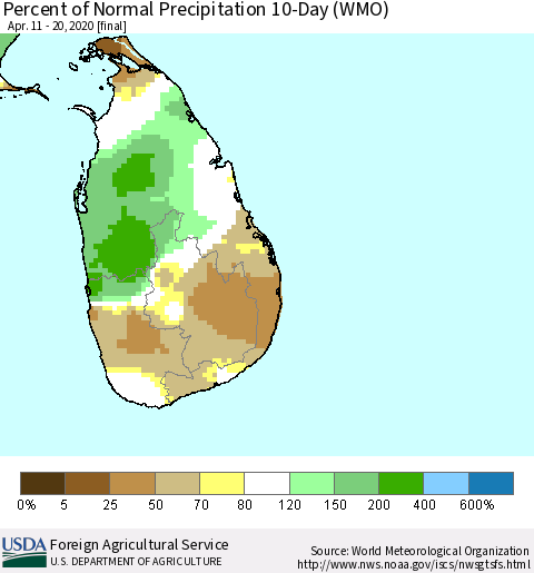 Sri Lanka Percent of Normal Precipitation 10-Day (WMO) Thematic Map For 4/11/2020 - 4/20/2020