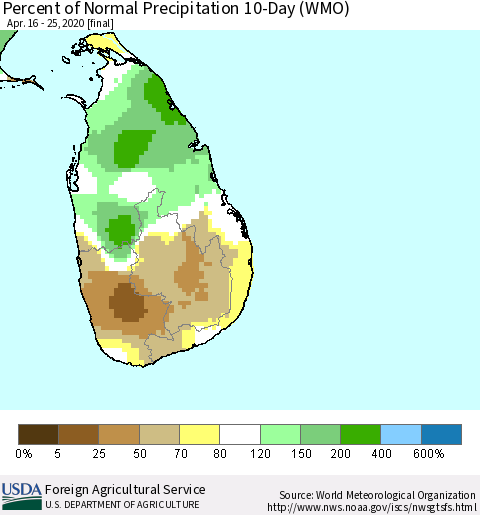 Sri Lanka Percent of Normal Precipitation 10-Day (WMO) Thematic Map For 4/16/2020 - 4/25/2020