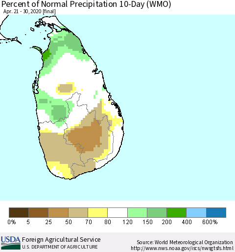 Sri Lanka Percent of Normal Precipitation 10-Day (WMO) Thematic Map For 4/21/2020 - 4/30/2020