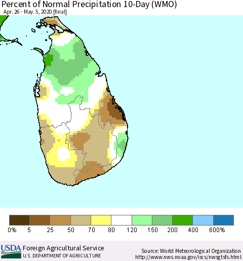 Sri Lanka Percent of Normal Precipitation 10-Day (WMO) Thematic Map For 4/26/2020 - 5/5/2020
