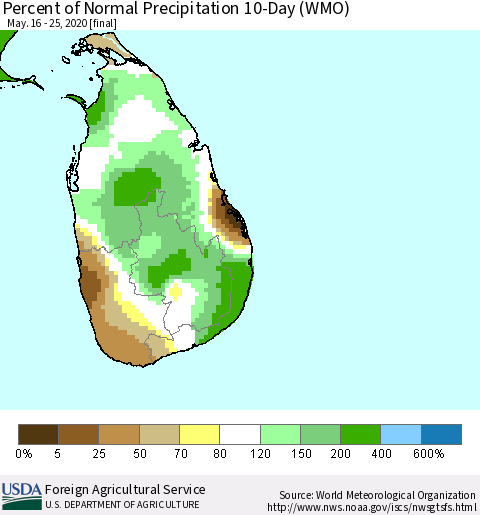 Sri Lanka Percent of Normal Precipitation 10-Day (WMO) Thematic Map For 5/16/2020 - 5/25/2020