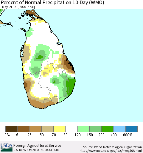 Sri Lanka Percent of Normal Precipitation 10-Day (WMO) Thematic Map For 5/21/2020 - 5/31/2020
