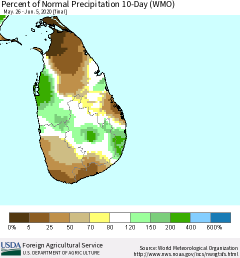 Sri Lanka Percent of Normal Precipitation 10-Day (WMO) Thematic Map For 5/26/2020 - 6/5/2020