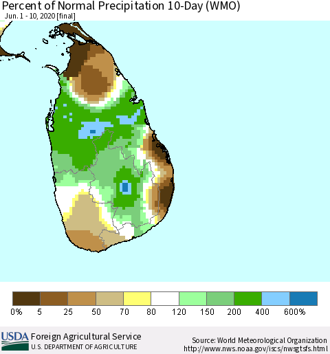 Sri Lanka Percent of Normal Precipitation 10-Day (WMO) Thematic Map For 6/1/2020 - 6/10/2020