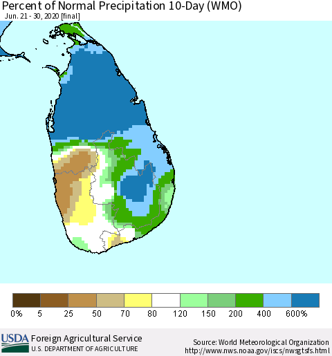 Sri Lanka Percent of Normal Precipitation 10-Day (WMO) Thematic Map For 6/21/2020 - 6/30/2020