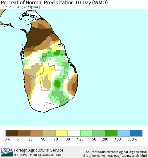 Sri Lanka Percent of Normal Precipitation 10-Day (WMO) Thematic Map For 6/26/2020 - 7/5/2020