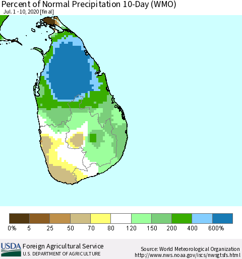 Sri Lanka Percent of Normal Precipitation 10-Day (WMO) Thematic Map For 7/1/2020 - 7/10/2020