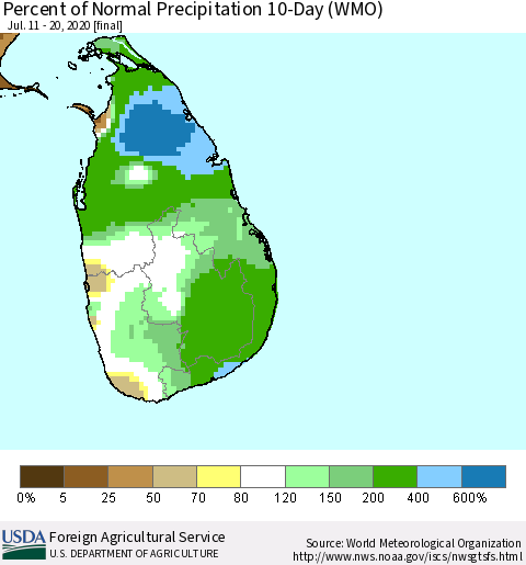 Sri Lanka Percent of Normal Precipitation 10-Day (WMO) Thematic Map For 7/11/2020 - 7/20/2020