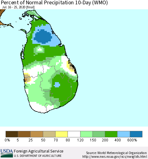 Sri Lanka Percent of Normal Precipitation 10-Day (WMO) Thematic Map For 7/16/2020 - 7/25/2020