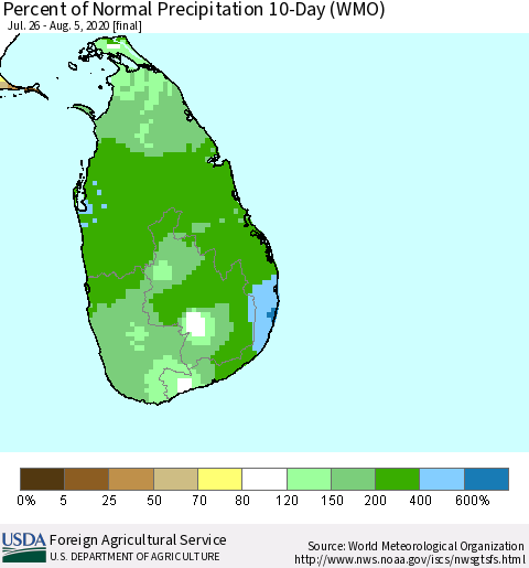 Sri Lanka Percent of Normal Precipitation 10-Day (WMO) Thematic Map For 7/26/2020 - 8/5/2020