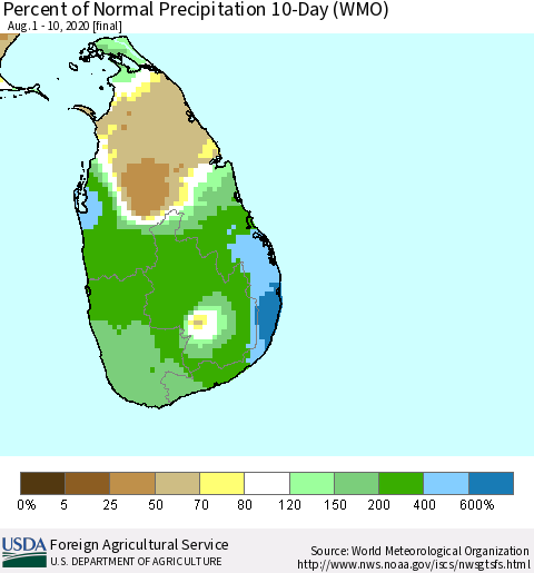 Sri Lanka Percent of Normal Precipitation 10-Day (WMO) Thematic Map For 8/1/2020 - 8/10/2020