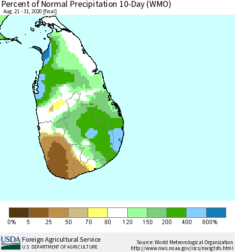 Sri Lanka Percent of Normal Precipitation 10-Day (WMO) Thematic Map For 8/21/2020 - 8/31/2020