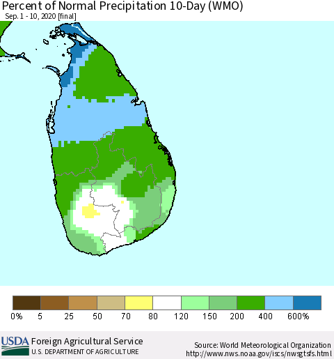 Sri Lanka Percent of Normal Precipitation 10-Day (WMO) Thematic Map For 9/1/2020 - 9/10/2020