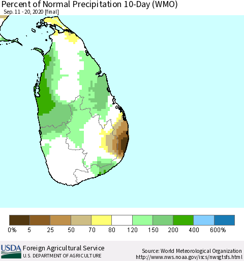 Sri Lanka Percent of Normal Precipitation 10-Day (WMO) Thematic Map For 9/11/2020 - 9/20/2020