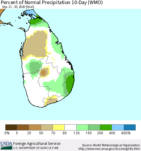 Sri Lanka Percent of Normal Precipitation 10-Day (WMO) Thematic Map For 9/21/2020 - 9/30/2020