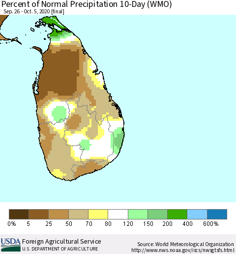 Sri Lanka Percent of Normal Precipitation 10-Day (WMO) Thematic Map For 9/26/2020 - 10/5/2020