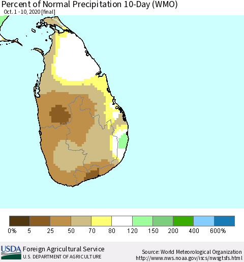 Sri Lanka Percent of Normal Precipitation 10-Day (WMO) Thematic Map For 10/1/2020 - 10/10/2020