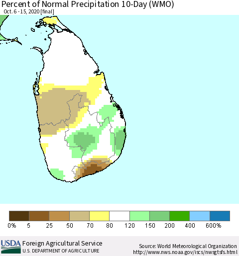 Sri Lanka Percent of Normal Precipitation 10-Day (WMO) Thematic Map For 10/6/2020 - 10/15/2020