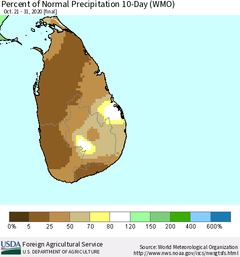 Sri Lanka Percent of Normal Precipitation 10-Day (WMO) Thematic Map For 10/21/2020 - 10/31/2020
