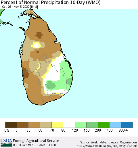 Sri Lanka Percent of Normal Precipitation 10-Day (WMO) Thematic Map For 10/26/2020 - 11/5/2020