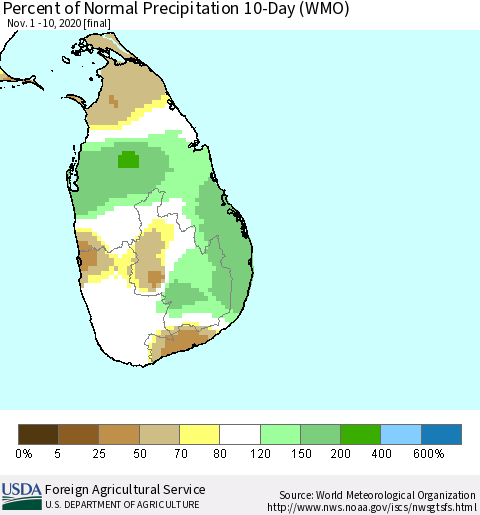 Sri Lanka Percent of Normal Precipitation 10-Day (WMO) Thematic Map For 11/1/2020 - 11/10/2020