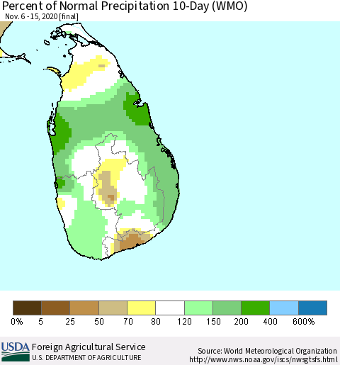 Sri Lanka Percent of Normal Precipitation 10-Day (WMO) Thematic Map For 11/6/2020 - 11/15/2020