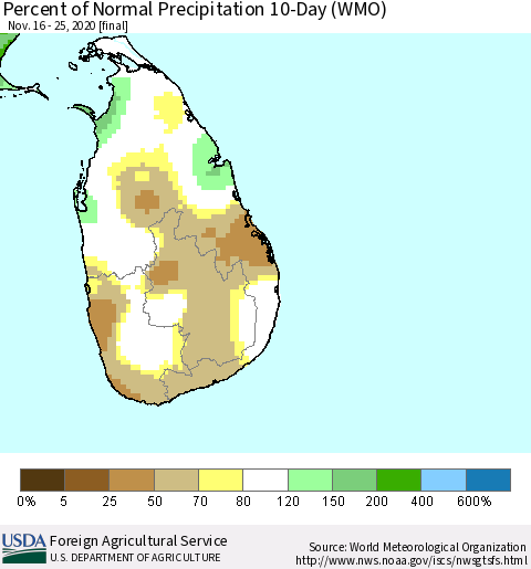 Sri Lanka Percent of Normal Precipitation 10-Day (WMO) Thematic Map For 11/16/2020 - 11/25/2020